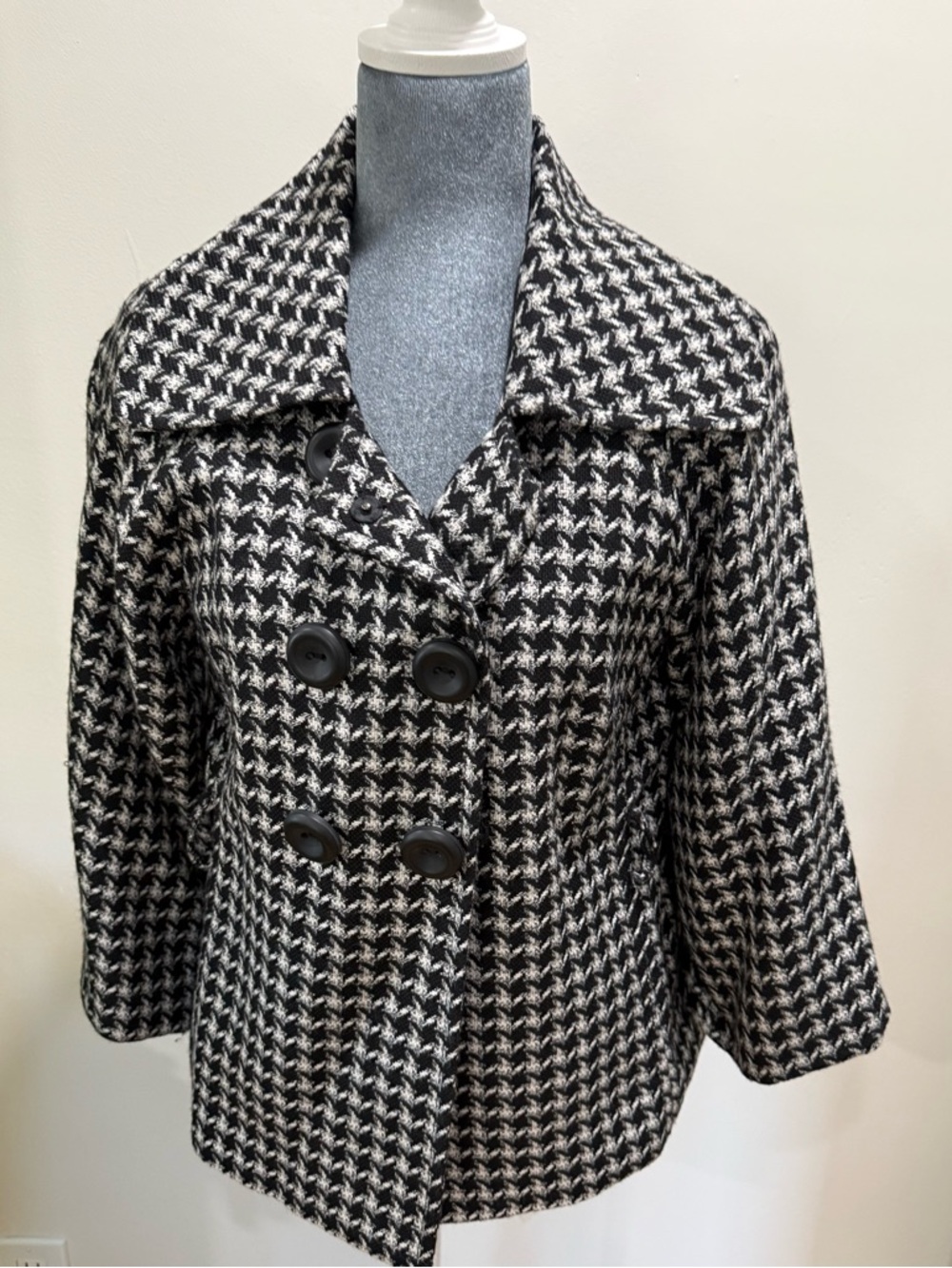 Classic Black and White Houndstooth Double-Breasted Peacoat